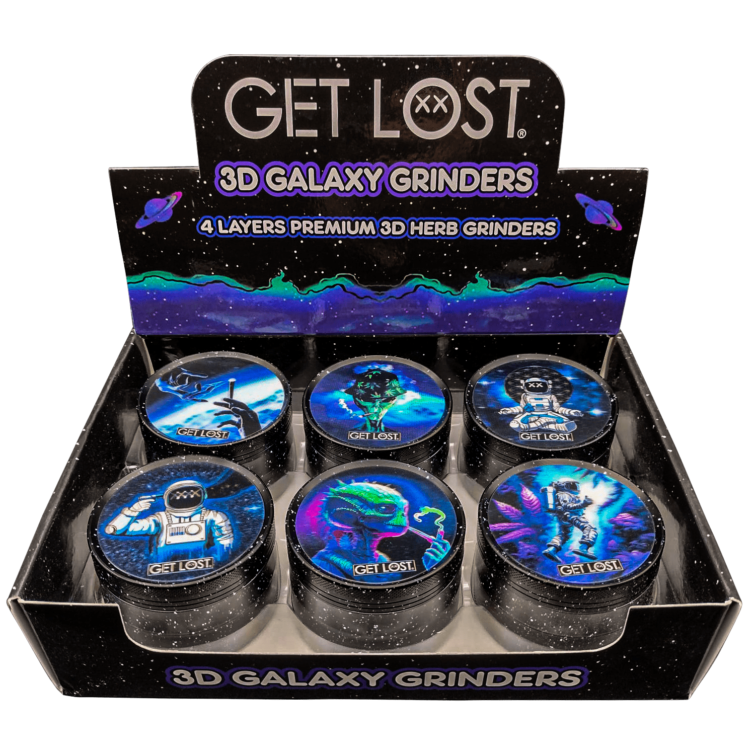 G3DG-6PK-001 – Get Lost Galaxy 3D Herb Grinders – 63mm (6 Count) Set 01