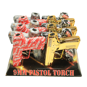 19025E Assorted Design 6in 9MM Pistol Torch Lighter Display - (12 Count)