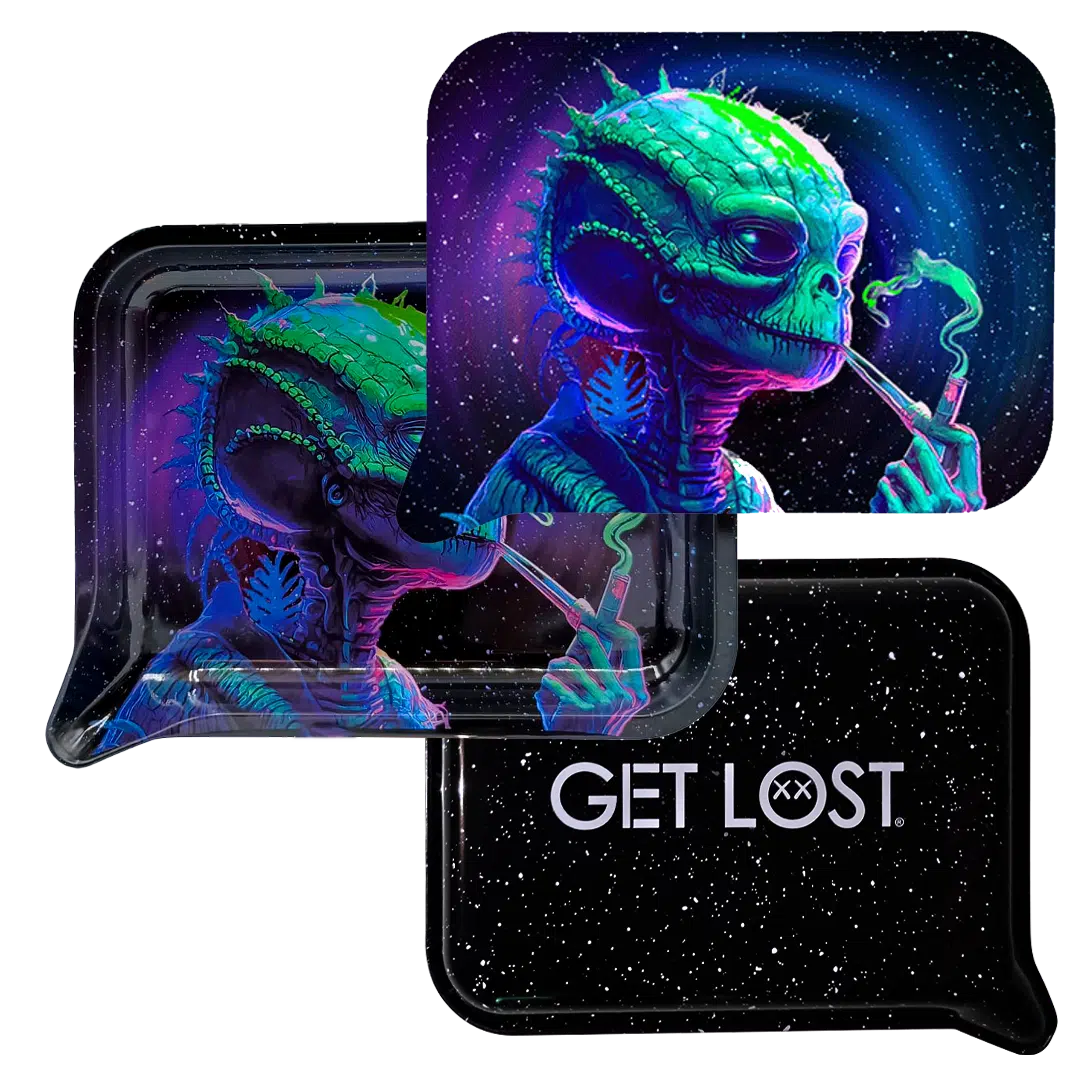 FRT3D-SM-012 Get Lost Small 3D Rolling Tray With Magnetic Lid Cover (Green Alien Smoking) - Image 3