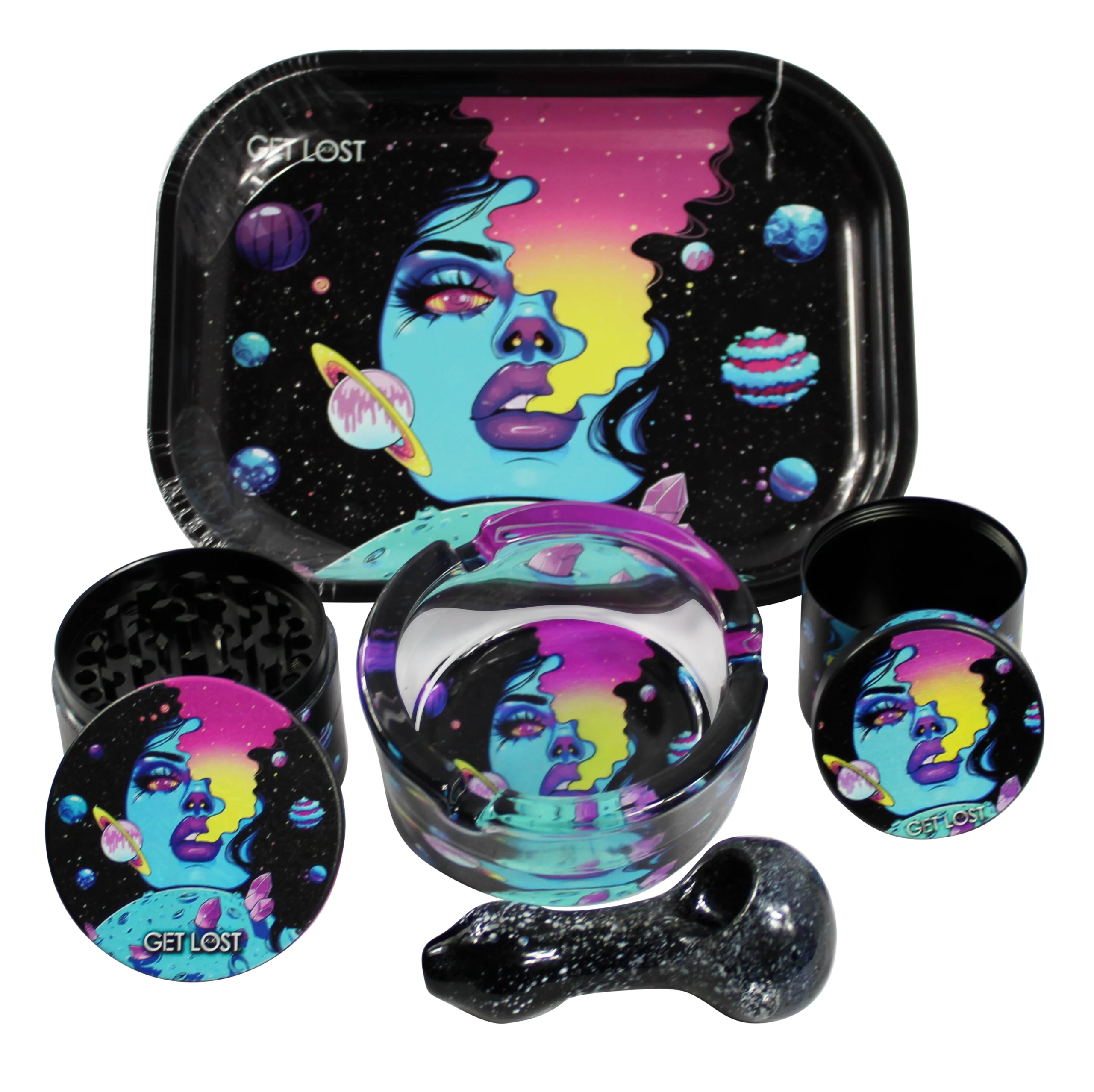 HP-GS-014 Get Lost Hand Pipe Gift Set – 5 in 1 (Galaxy Blue Girl Smoking)