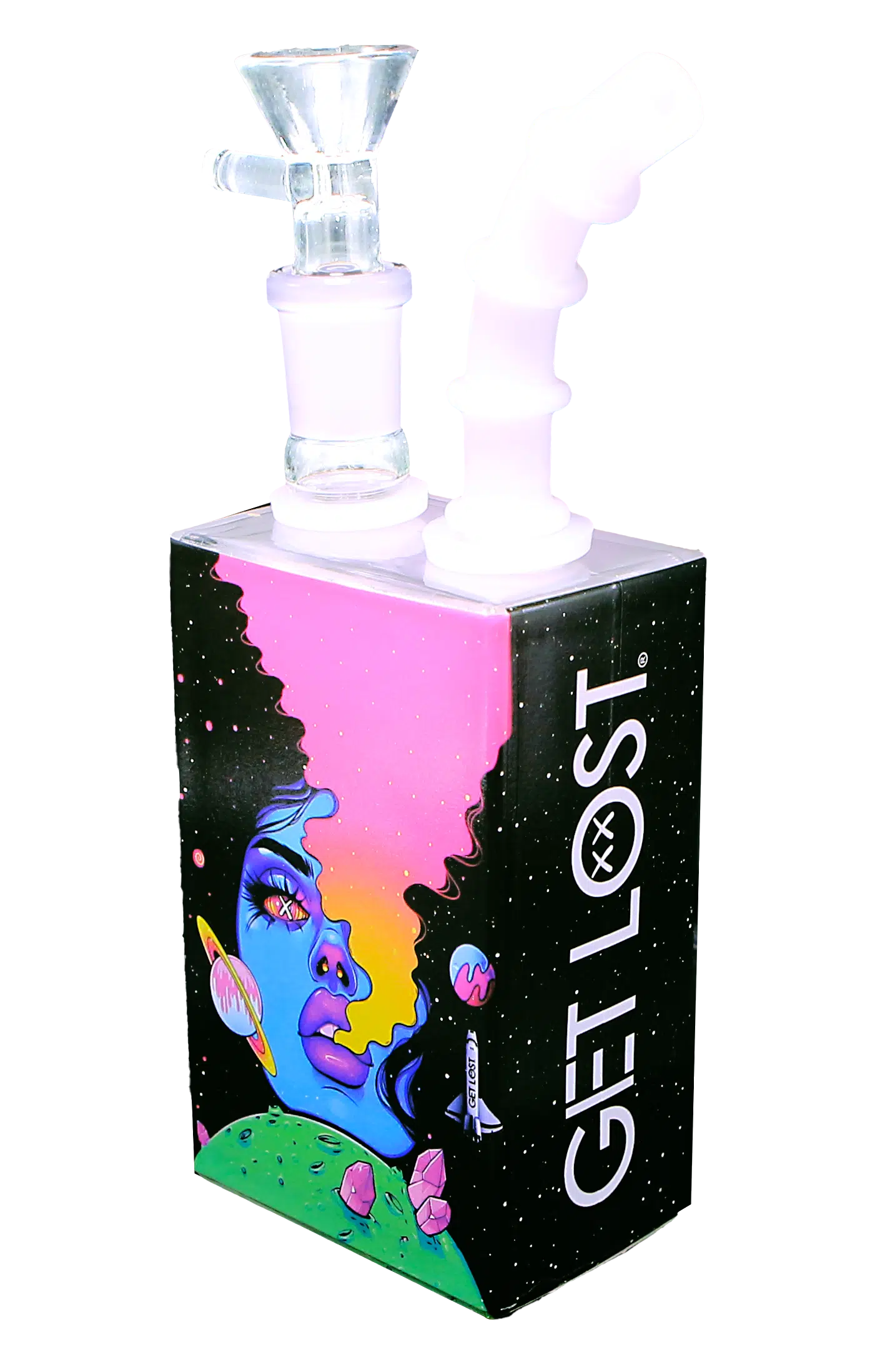 JB-005 Get Lost Glass Juice Box Pipe (Galaxy Blue Girl Smoking) - Image 2