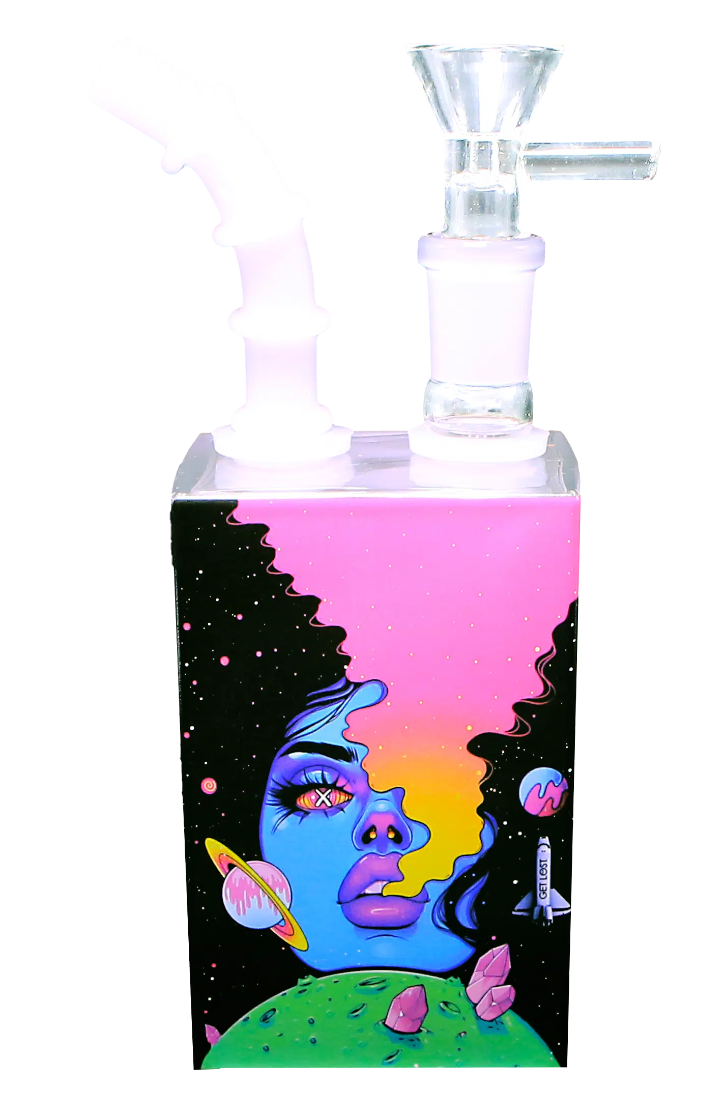 JB-005 Get Lost Glass Juice Box Pipe (Galaxy Blue Girl Smoking) - Image 3
