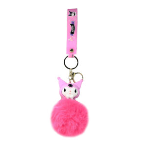 PSK-047 Pom Pom Puffy Keychain with Silicone Band - Kuromi Pink Black Skull Forehead