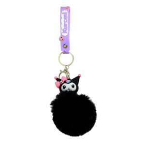 PSK-053 Pom Pom Puffy Keychain with Silicone Band - Kuromi Black Blue Skull Forehead