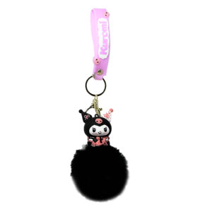 PSK-054 Pom Pom Puffy Keychain with Silicone Band - Kuromi Black Pink Skull Forehead