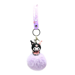 PSK-056 Pom Pom Puffy Keychain with Silicone Band - Kuromi Lavender Pink Dress