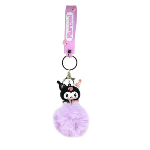 PSK-063 Pom Pom Puffy Keychain with Silicone Band - Kuromi Lavender Evil Look