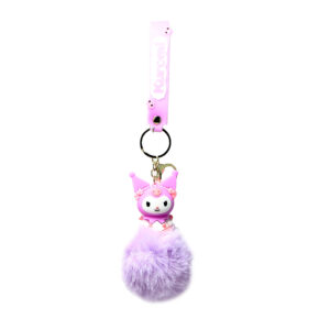 PSK-067 Pom Pom Puffy Keychain with Silicone Band - Kuromi Lavender Mad Pink
