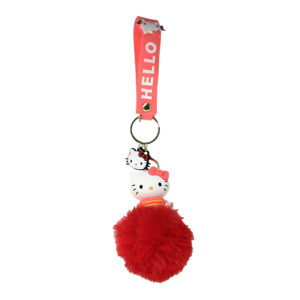 PSK-072 Pom Pom Puffy Keychain with Silicone Band - Hello Kitty - Red Pink Bow