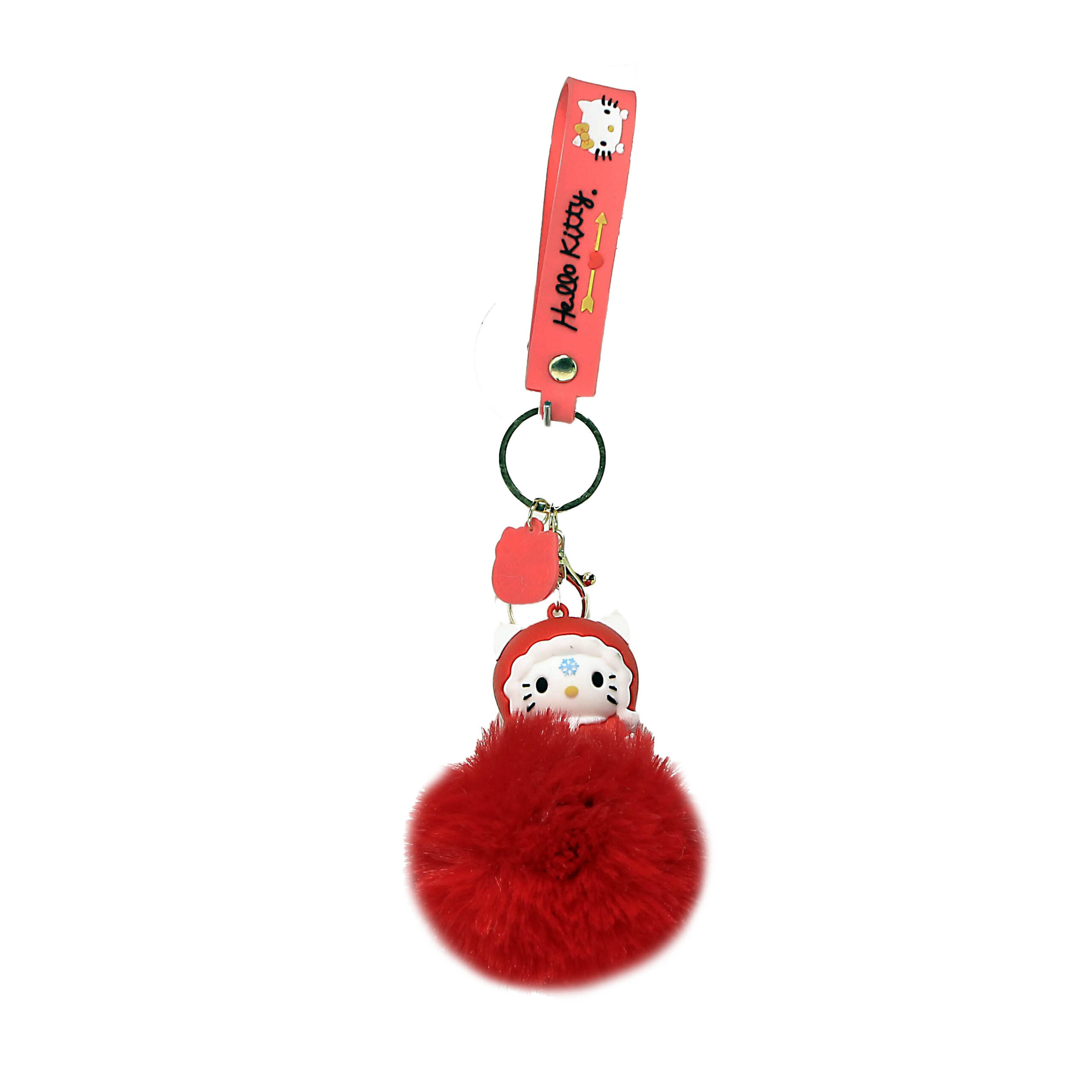 PSK-075 Pom Pom Puffy Keychain with Silicone Band – Hello Kitty – Red Hat