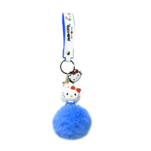 PSK-079 Pom Pom Puffy Keychain with Silicone Band - Hello Kitty - Blue Flower Dress