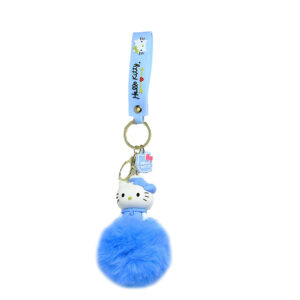 PSK-080 Pom Pom Puffy Keychain with Silicone Band - Hello Kitty - Blue Outfit