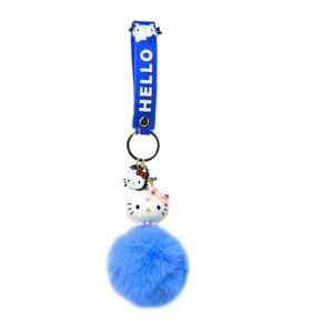 PSK-082 Pom Pom Puffy Keychain with Silicone Band - Hello Kitty - Blue Flowery Bow