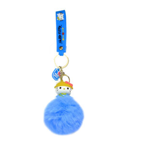 PSK-084 Pom Pom Puffy Keychain with Silicone Band - Hello Kitty - Blue Yellow Hat