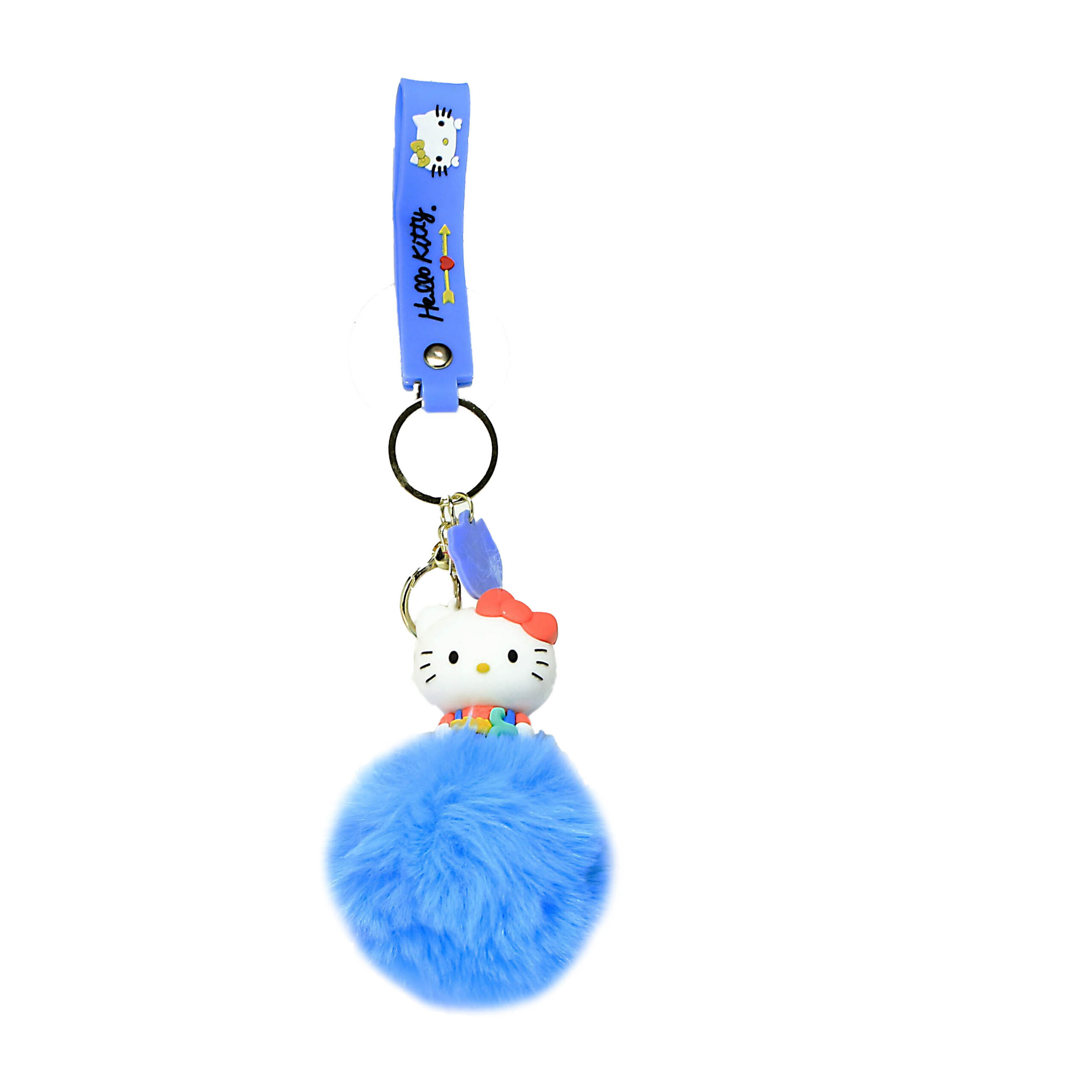 PSK-085 Pom Pom Puffy Keychain with Silicone Band – Hello Kitty – Blue Colorful Dress