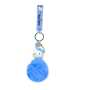 PSK-087 Pom Pom Puffy Keychain with Silicone Band - Hello Kitty - Blue With Blue Dress and Bow