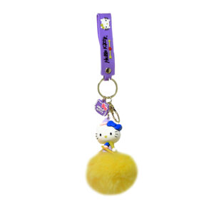 PSK-090 Pom Pom Puffy Keychain with Silicone Band - Hello Kitty - Yellow Blue Bow