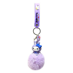 PSK-093 Pom Pom Puffy Keychain with Silicone Band - Hello Kitty - Lavender Blue Bow