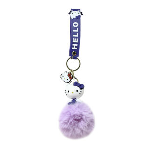 PSK-094 Pom Pom Puffy Keychain with Silicone Band - Hello Kitty - Lavender Blue Outfit