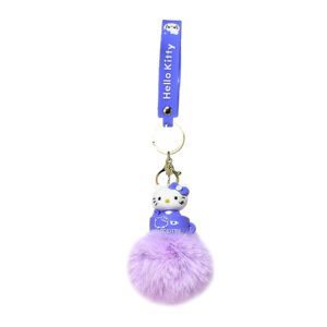 PSK-095 Pom Pom Puffy Keychain with Silicone Band - Hello Kitty - Lavender On Top Blue Cake