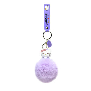 PSK-097 Pom Pom Puffy Keychain with Silicone Band - Hello Kitty - Lavender Bandana