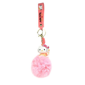 PSK-098 Pom Pom Puffy Keychain with Silicone Band - Hello Kitty - Pink Poker Dot Bow