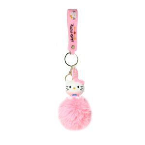 PSK-104 Pom Pom Puffy Keychain with Silicone Band - Hello Kitty - Pink Blue Bow Tie