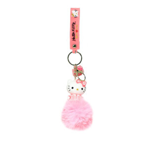 PSK-106 Pom Pom Puffy Keychain with Silicone Band - Hello Kitty - Pink Stripped Shirt