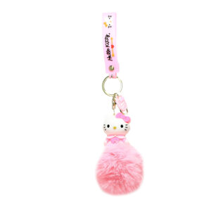 PSK-108 Pom Pom Puffy Keychain with Silicone Band - Hello Kitty - Pink Lined Dress