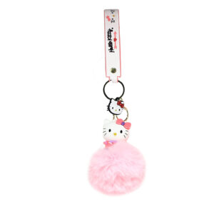 PSK-109 Pom Pom Puffy Keychain with Silicone Band - Hello Kitty - Pink Bow Blue Dot
