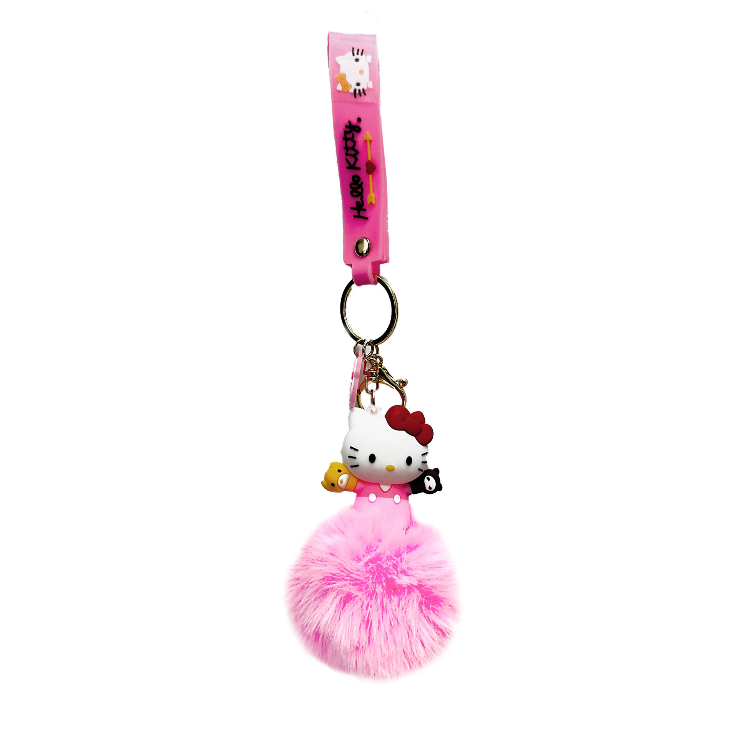 PSK-110 Pom Pom Puffy Keychain with Silicone Band – Hello Kitty – Pink With Puppets
