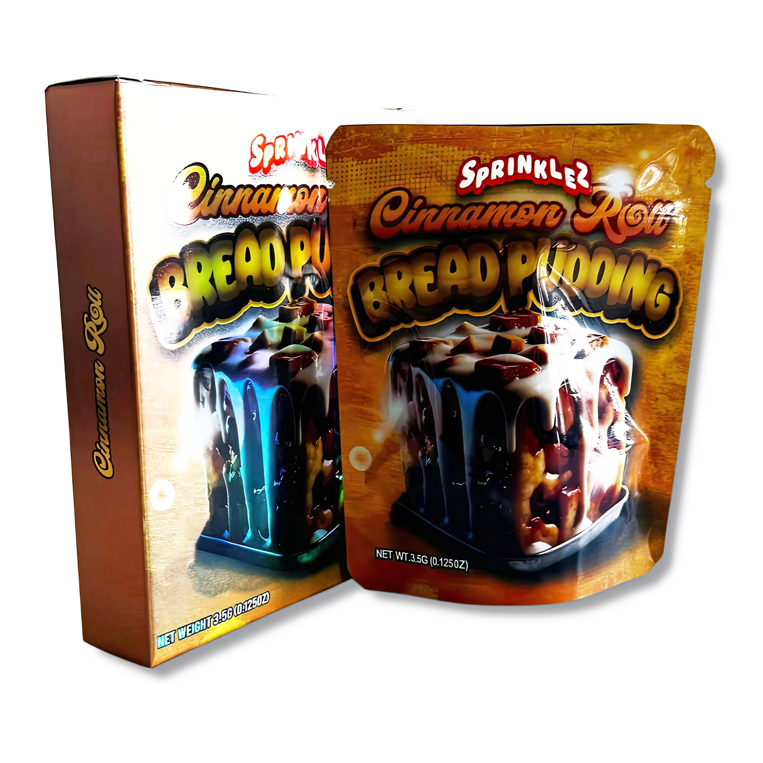 Bag-n-Box 3.5g Mylar Packaging Set – (25 Count Bags) + (25 Count) Display Boxes – Sprinklez Cinnamon Roll Bread Pudding BAGNBOX-010