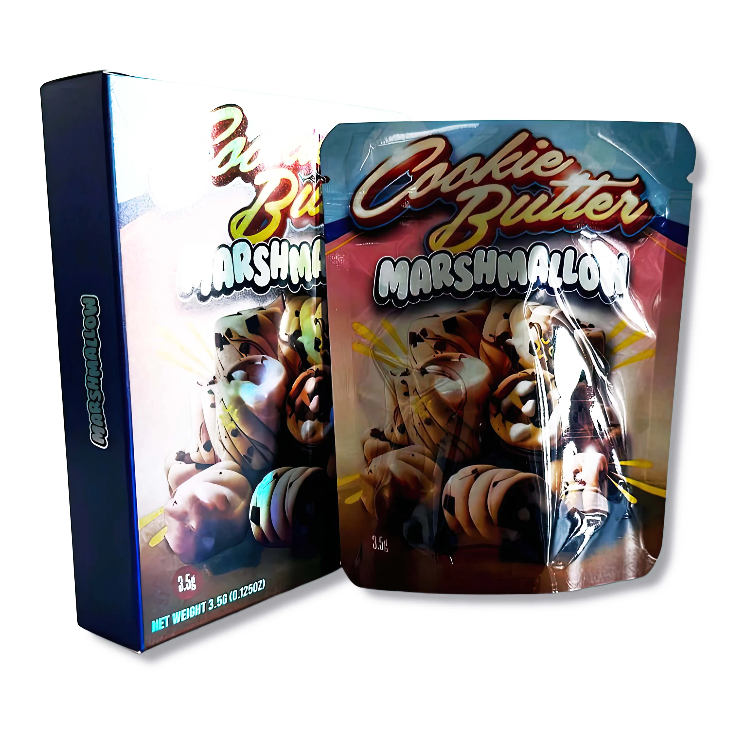 Bag-n-Box 3.5g Mylar Packaging Set – (25 Count Bags) + (25 Count) Display Boxes – Cookie Butter Marshmallow BAGNBOX-011