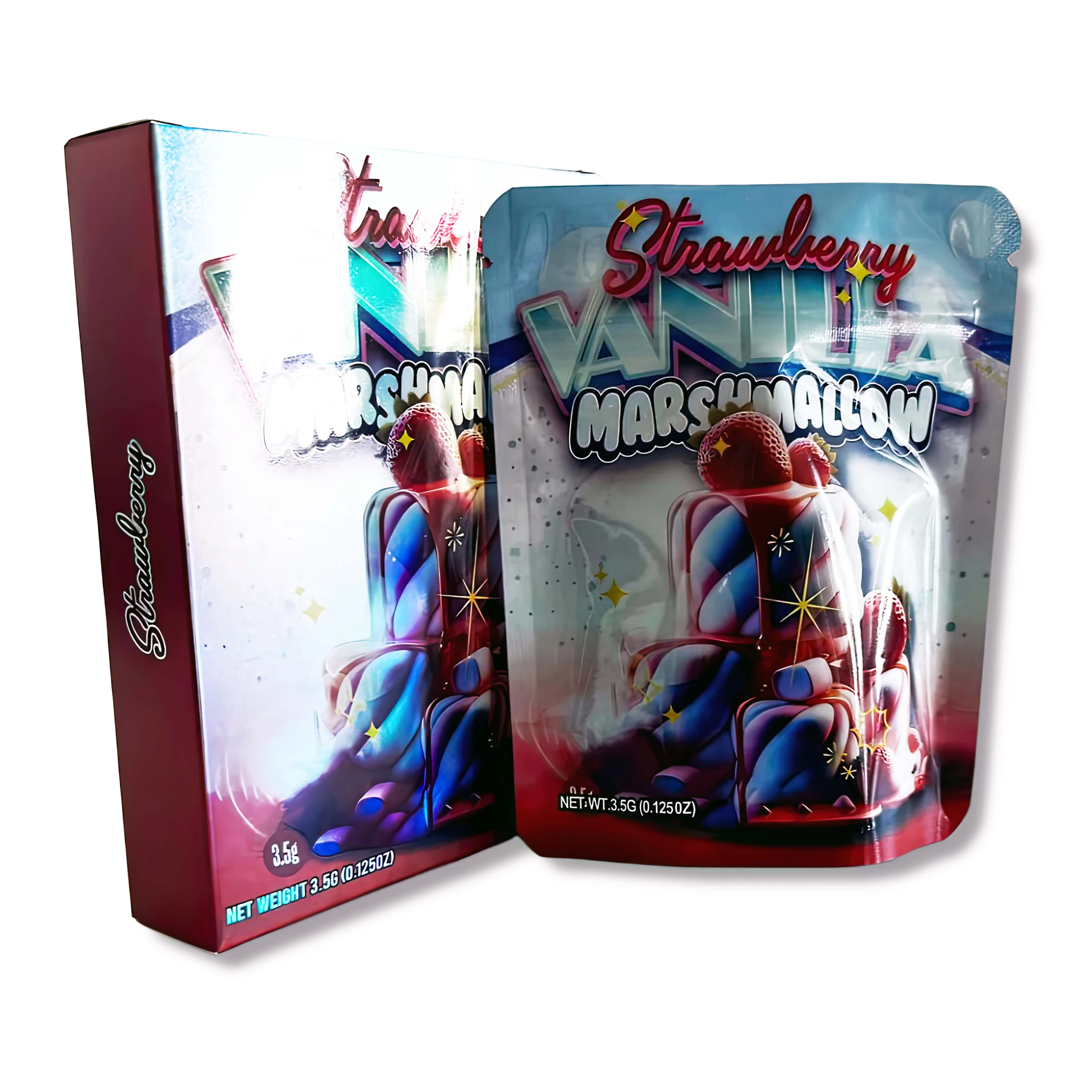 Bag-n-Box 3.5g Mylar Packaging Set – (25 Count Bags) + (25 Count) Display Boxes – Strawberry Vanilla Marshmallow BAGNBOX-012