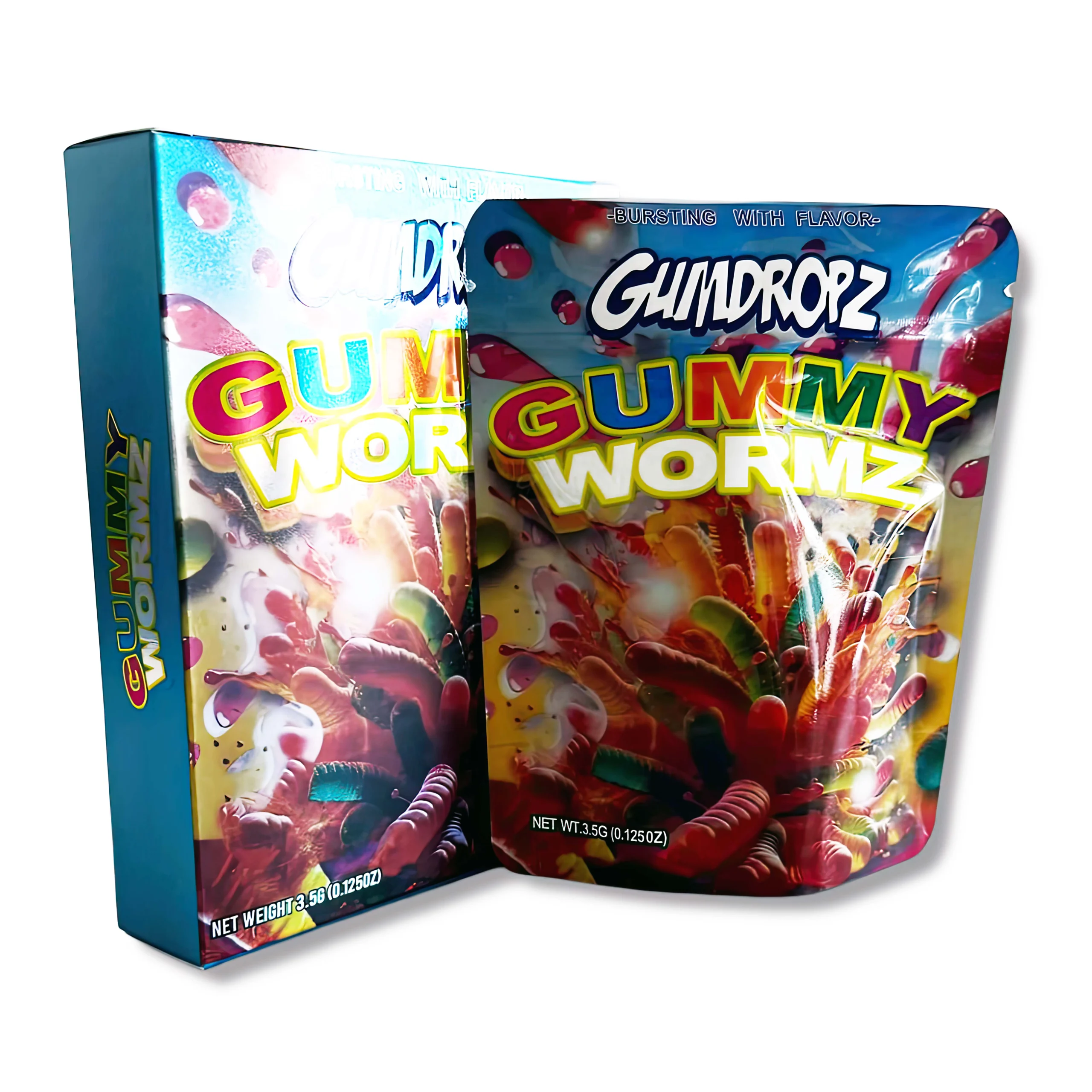 Bag-n-Box 3.5g Mylar Packaging Set – (25 Count Bags) + (25 Count) Display Boxes – Gumdropz Gummy Wormz BAGNBOX-014