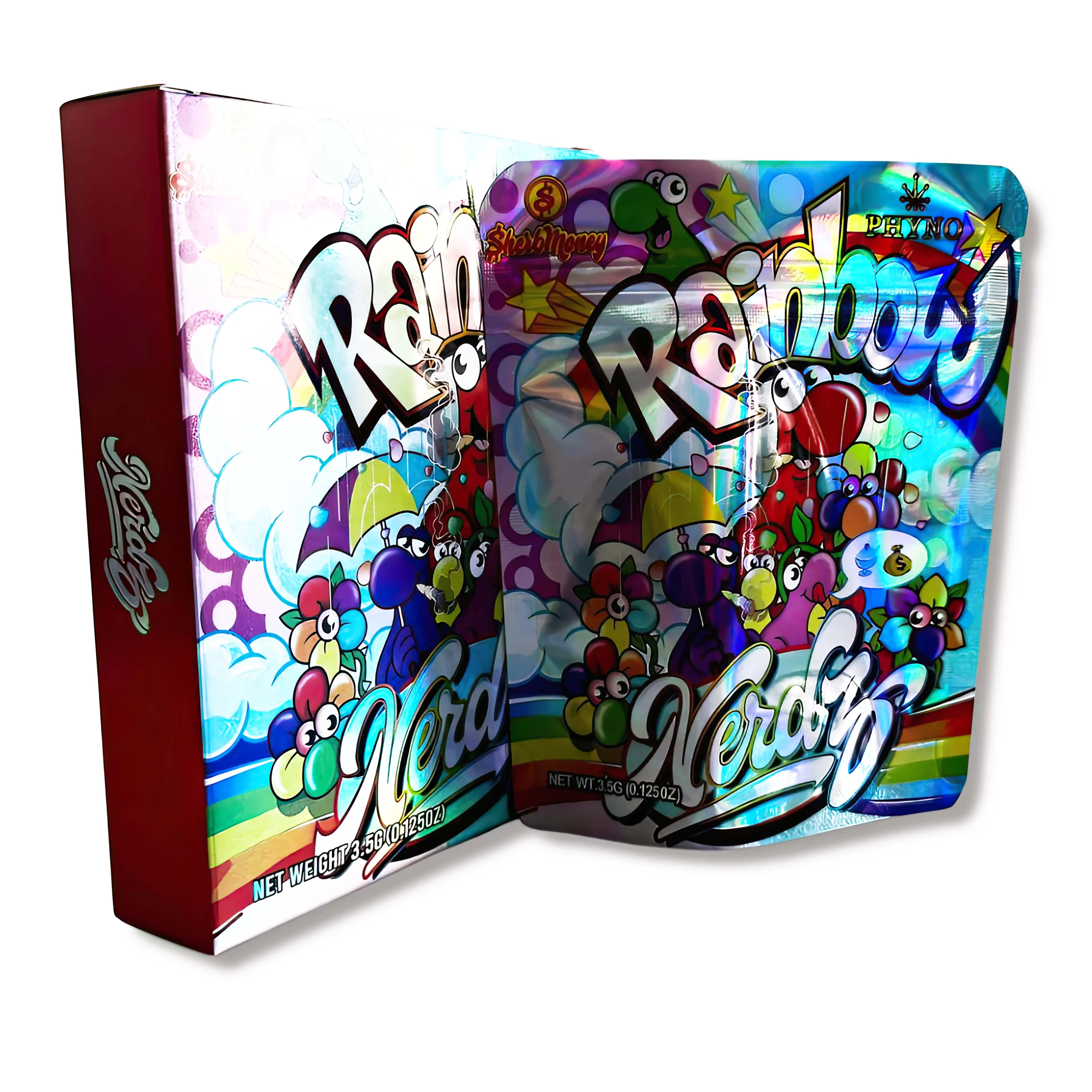 Bag-n-Box 3.5g Mylar Packaging Set – (25 Count Bags) + (25 Count) Display Boxes – Rainbow Nerdz BAGNBOX-026