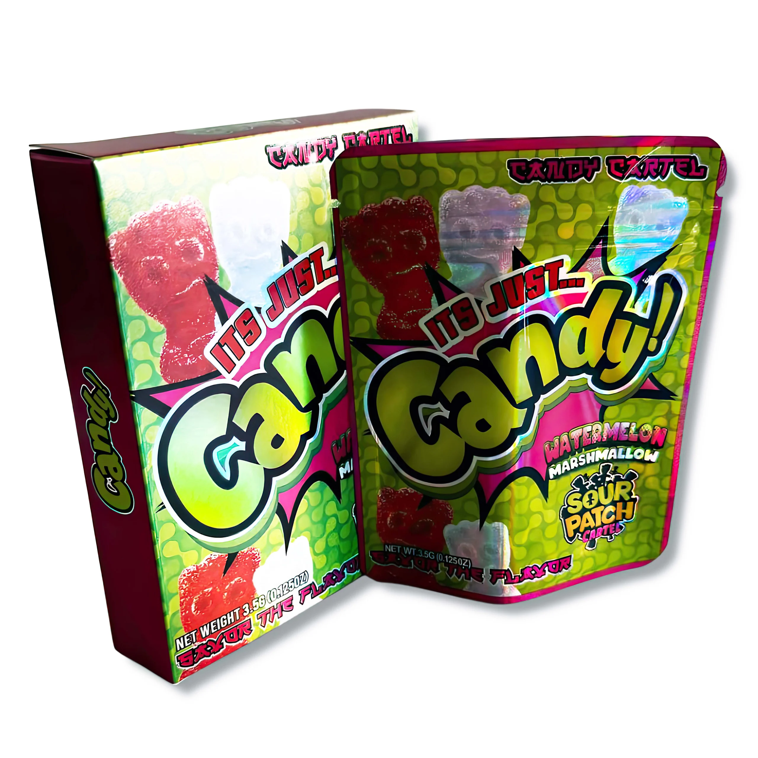 Bag-n-Box 3.5g Mylar Packaging Set – (25 Count Bags) + (25 Count) Display Boxes – Its Just Candy Watermelon Sour Patch BAGNBOX-028