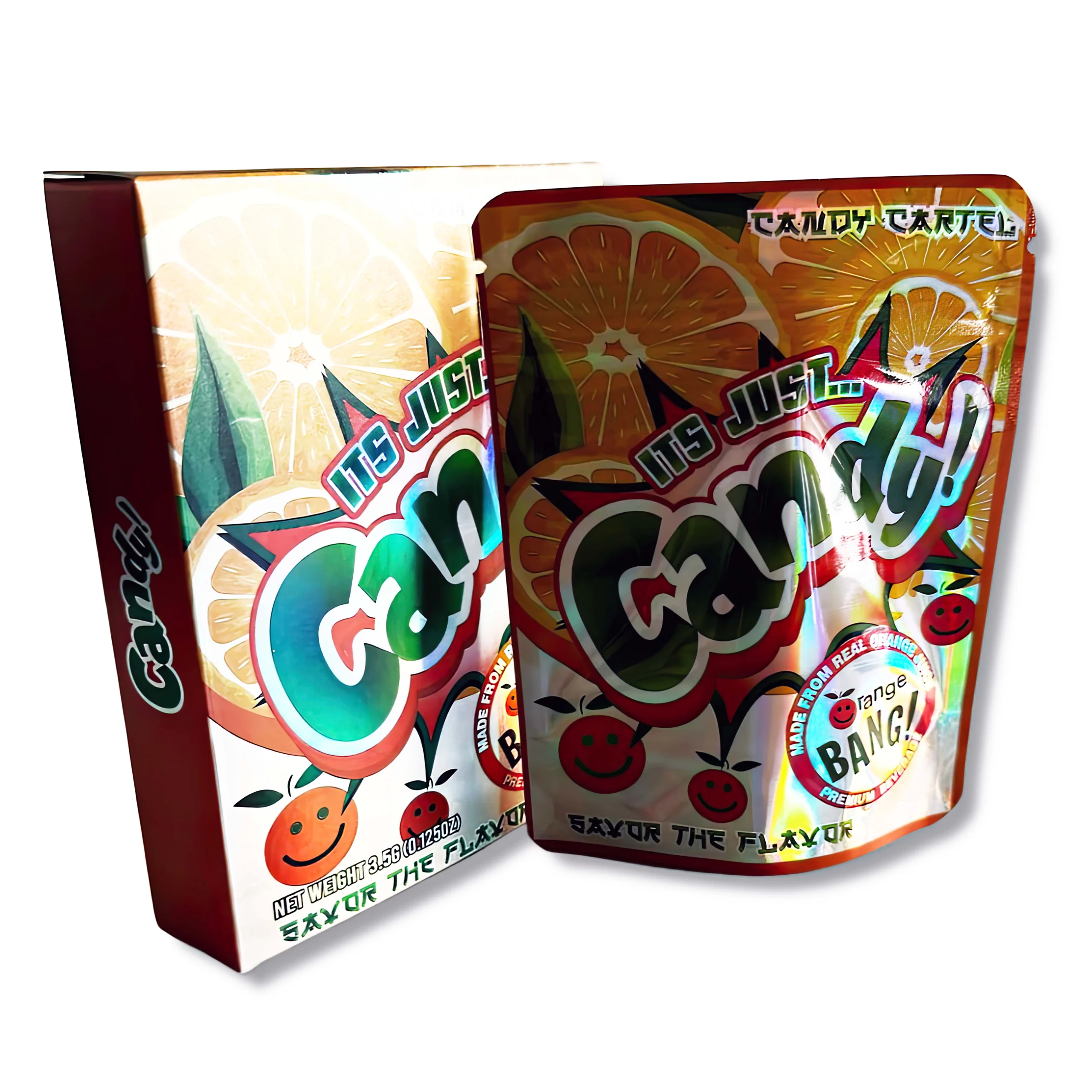 Bag-n-Box 3.5g Mylar Packaging Set – (25 Count Bags) + (25 Count) Display Boxes – Its Just Candy Orange Bang BAGNBOX-030