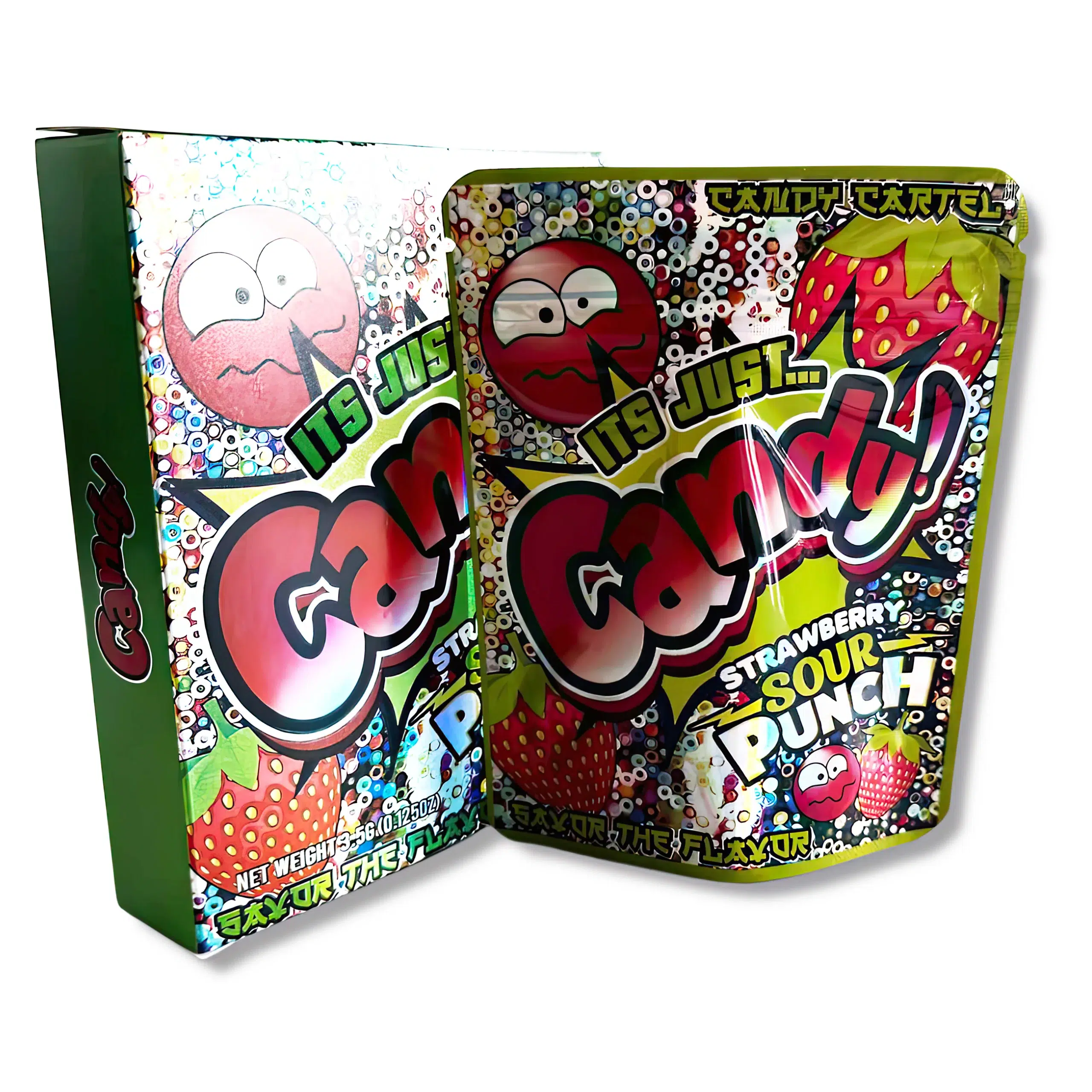 Bag-n-Box 3.5g Mylar Packaging Set – (25 Count Bags) + (25 Count) Display Boxes – Its Just Candy Strawberry Sour Punch BAGNBOX-031