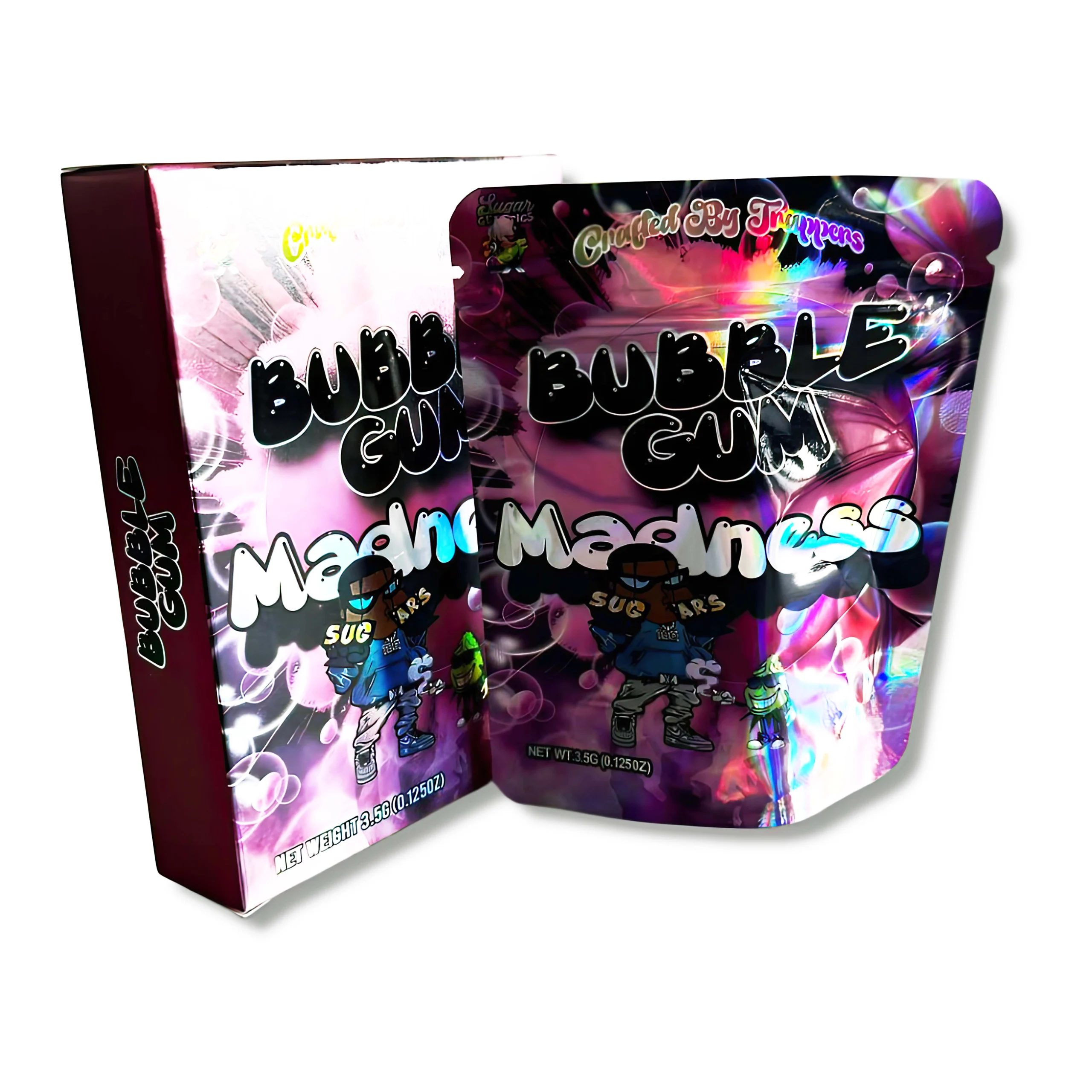 Bag-n-Box 3.5g Mylar Packaging Set – (25 Count Bags) + (25 Count) Display Boxes – Bubble Gum Madness BAGNBOX-039