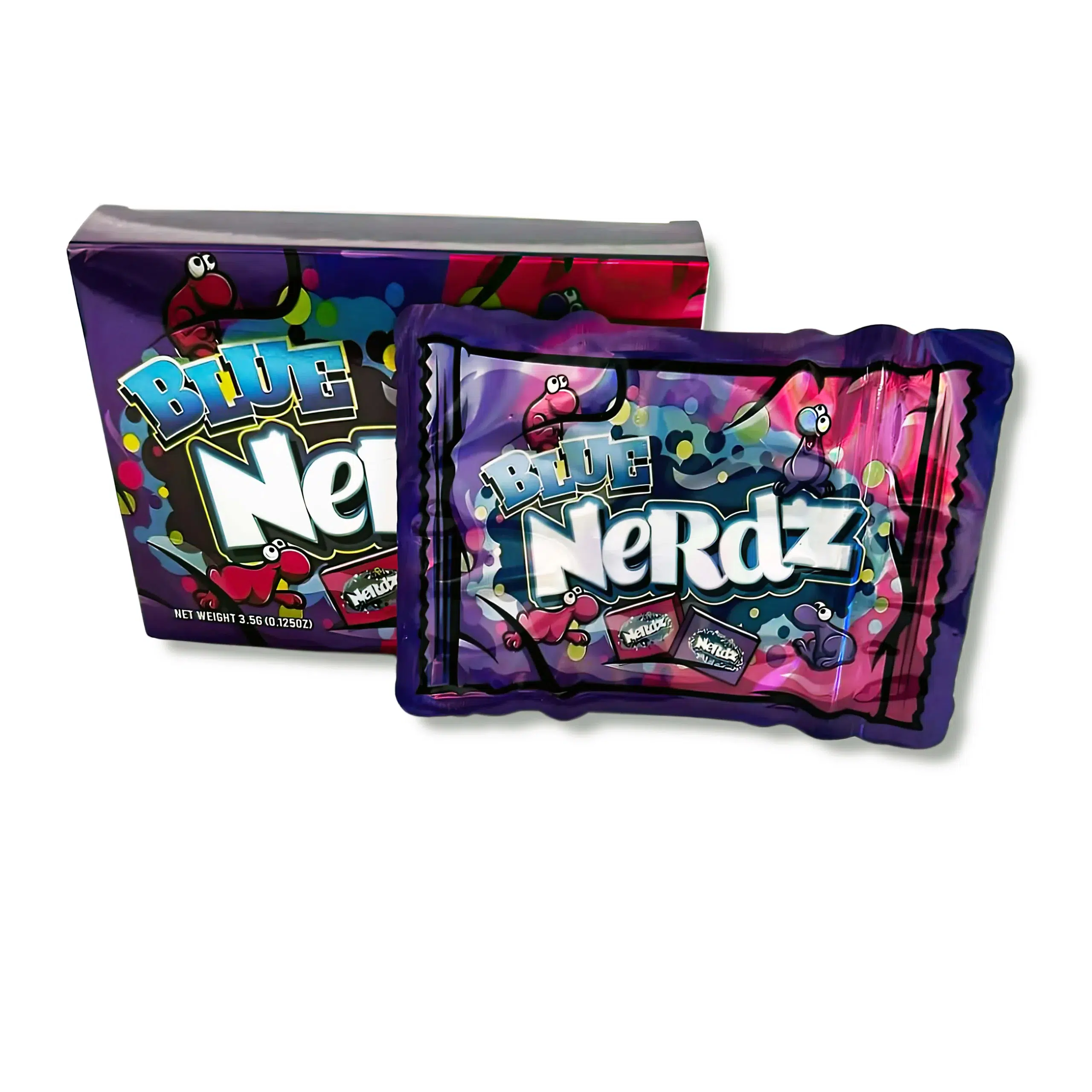 Bag-n-Box 3.5g Mylar Packaging Set – (25 Count Bags) + (25 Count) Display Boxes – BLUE NERDZ BAGNBOX-051