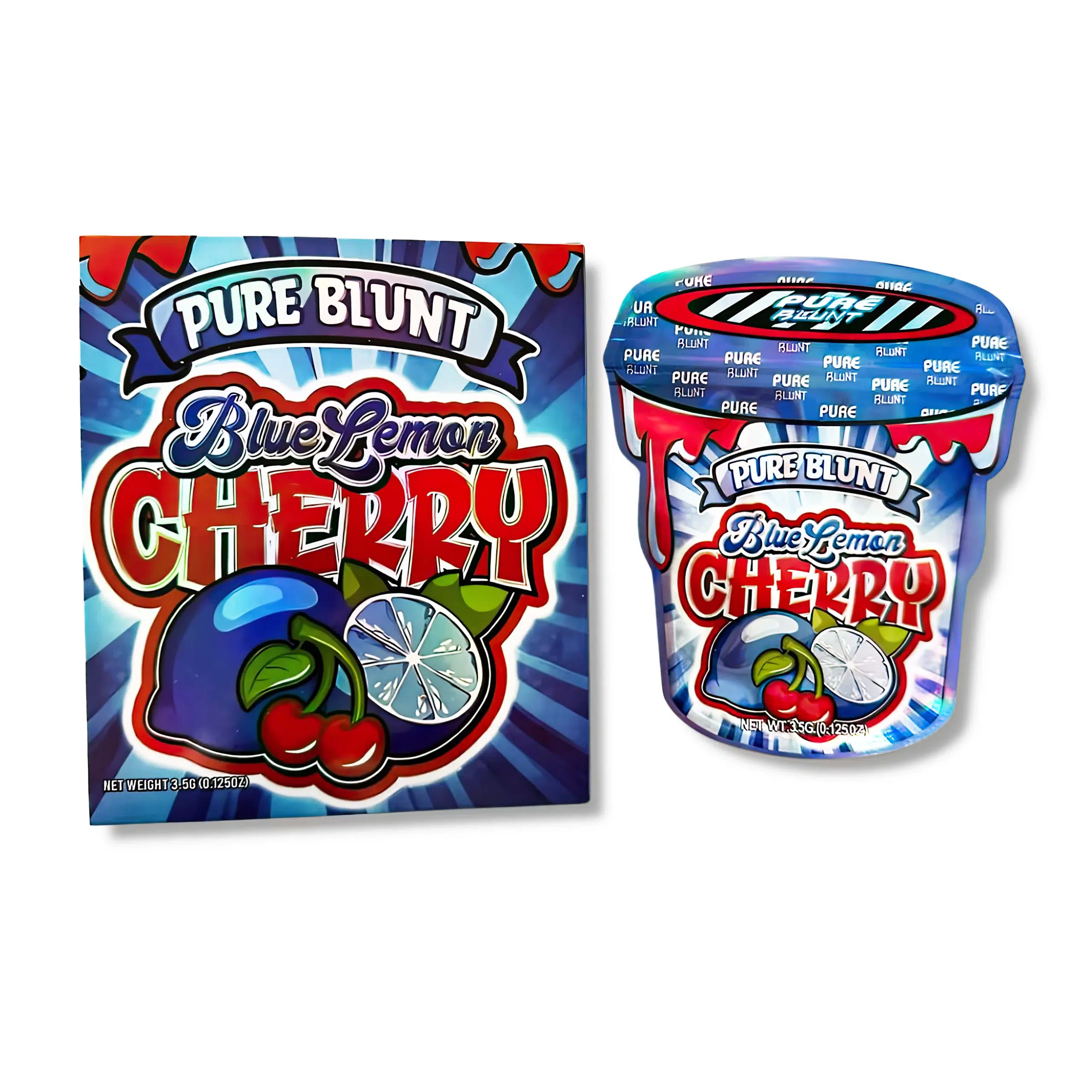 Bag-n-Box 3.5g Mylar Packaging Set – (25 Count Bags) + (25 Count) Display Boxes – Pure Blunt Blue Lemon Cherry BAGNBOX-066
