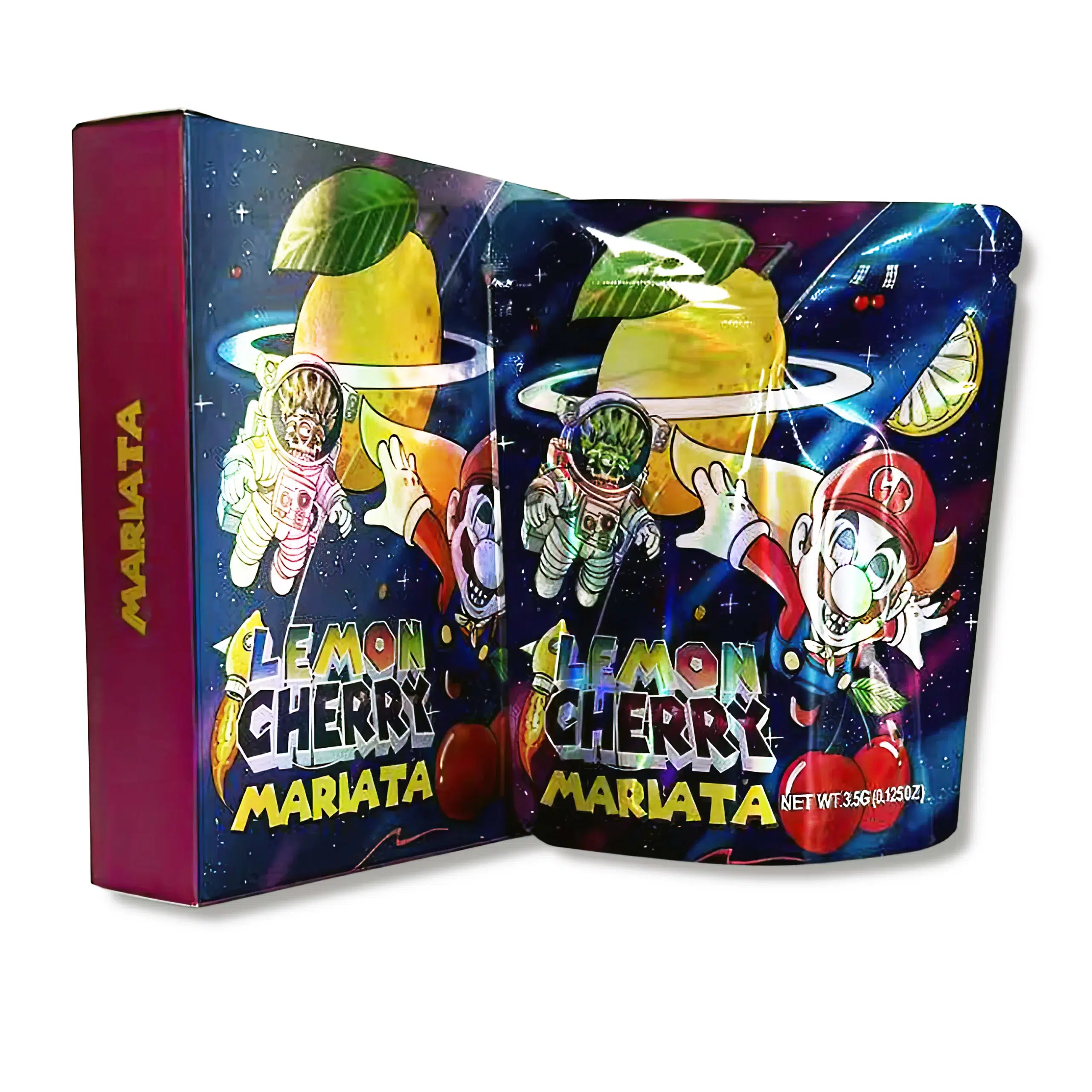 Bag-n-Box 3.5g Mylar Packaging Set – (25 Count Bags) + (25 Count) Display Boxes – Lemon Cherry Mariata BAGNBOX-076