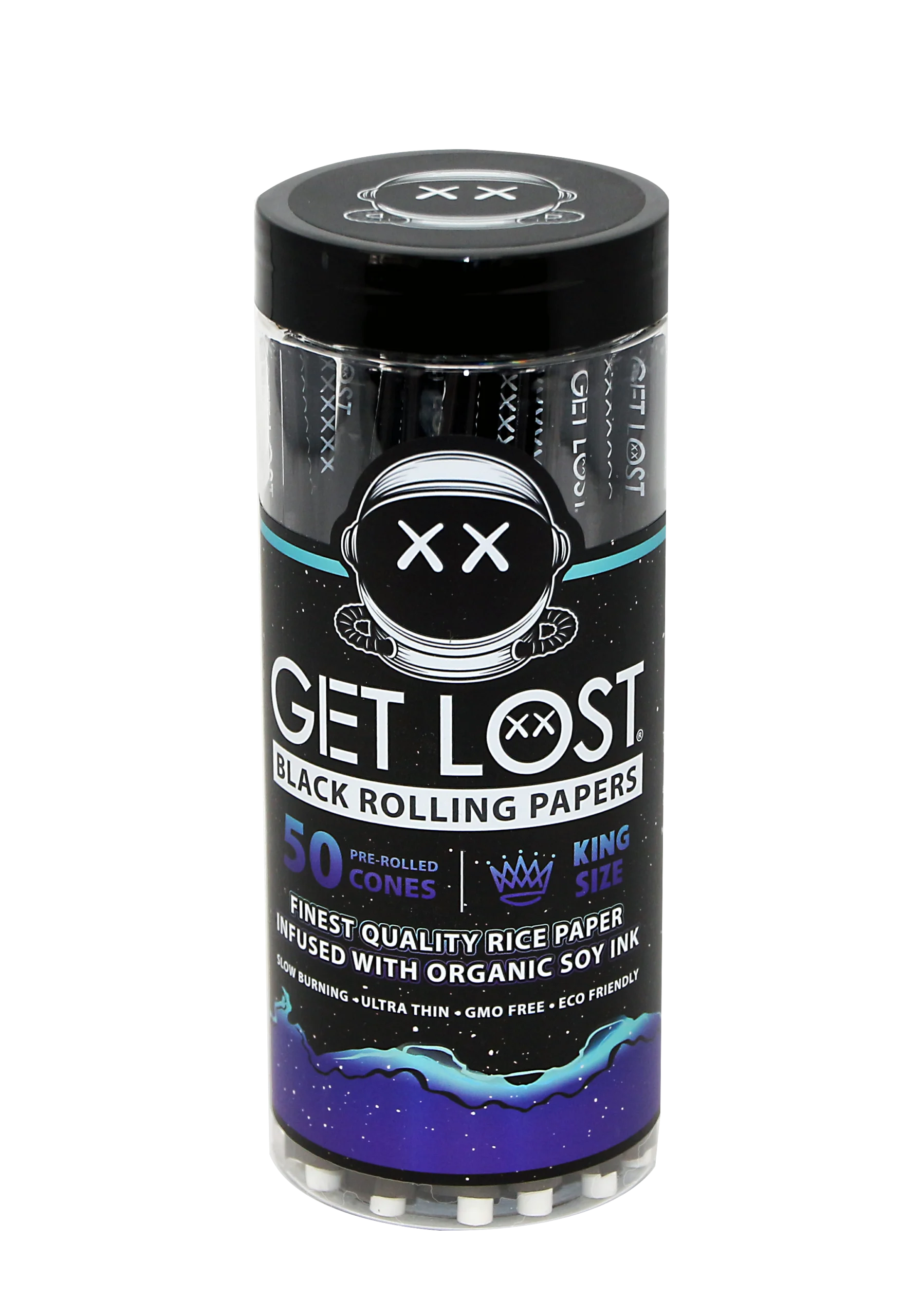BPRCJ-KS-004 – Get Lost Black Pre-Rolled Cones King Size (50 Count Jar)