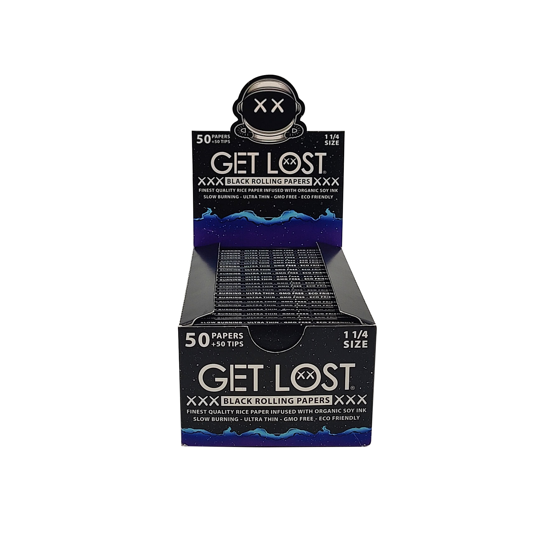 BRP-114-008 – Get Lost –  Black Rolling Papers with Tips – 1 1/4” Size (50 Papers + 50 Tips per Pack) Display Box of 22 Packs