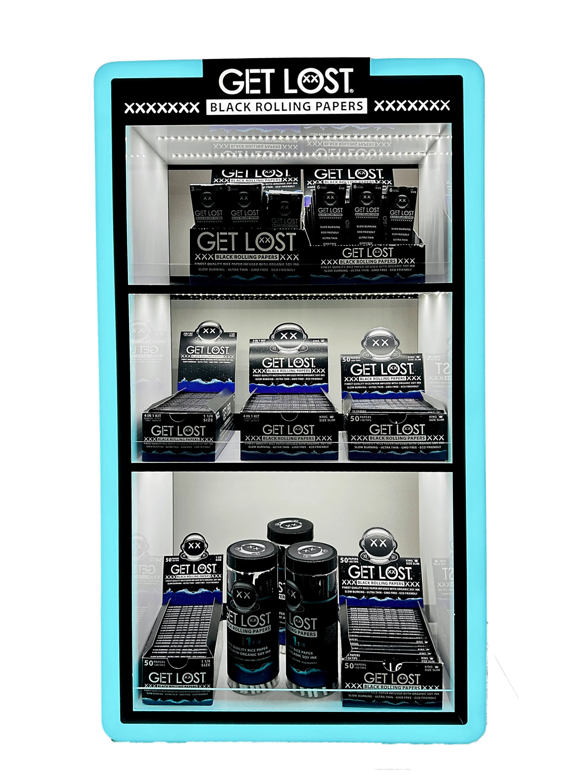 BRP-DP-001 – Get Lost – Black Rolling Paper Display with Lights