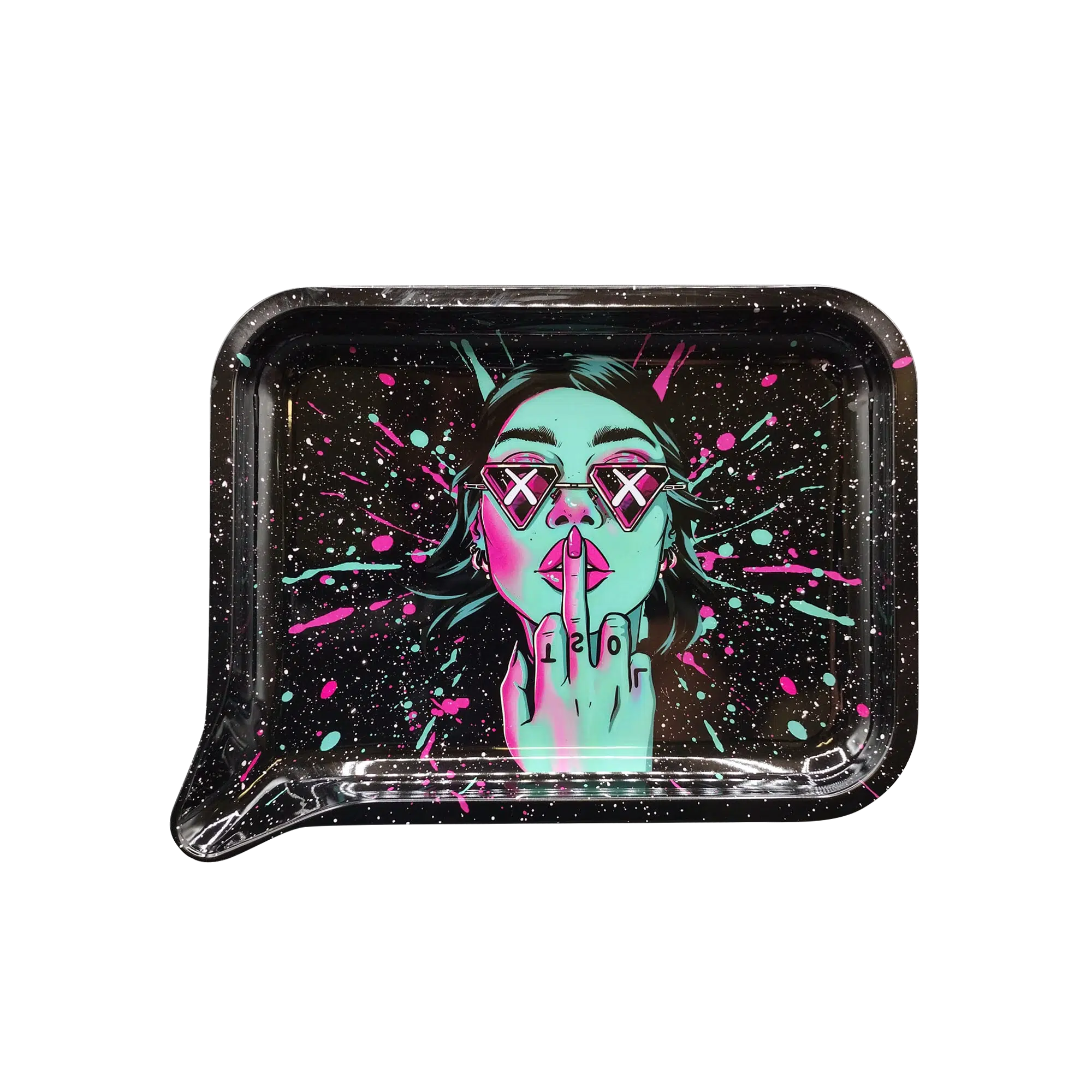 FRT-012 Get Lost Medium Funnel Rolling Tray – No Lid (Green Girl Middle Finger)