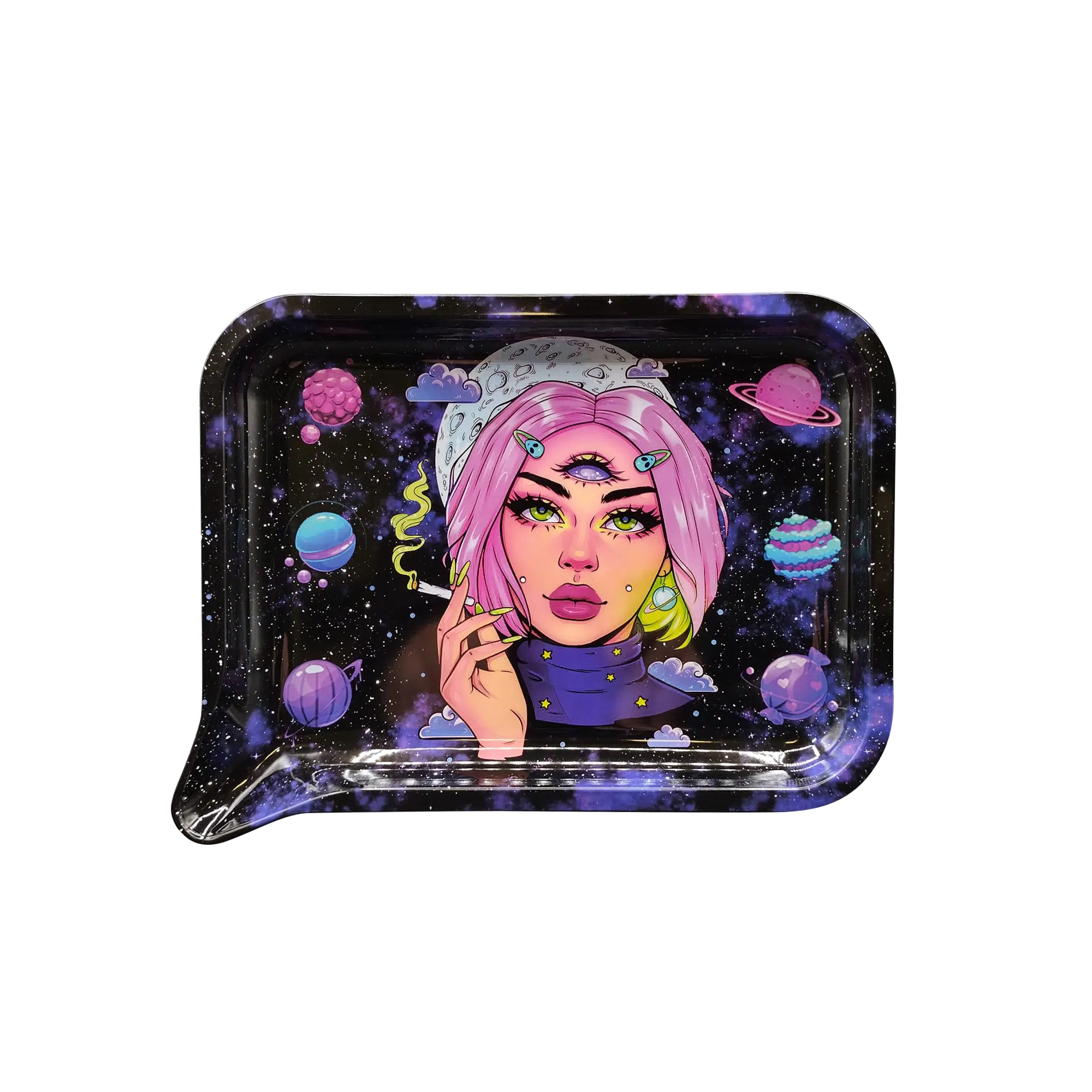 FRT-013 Get Lost Medium Funnel Rolling Tray – No Lid (Pink Hair Third Eye Girl)