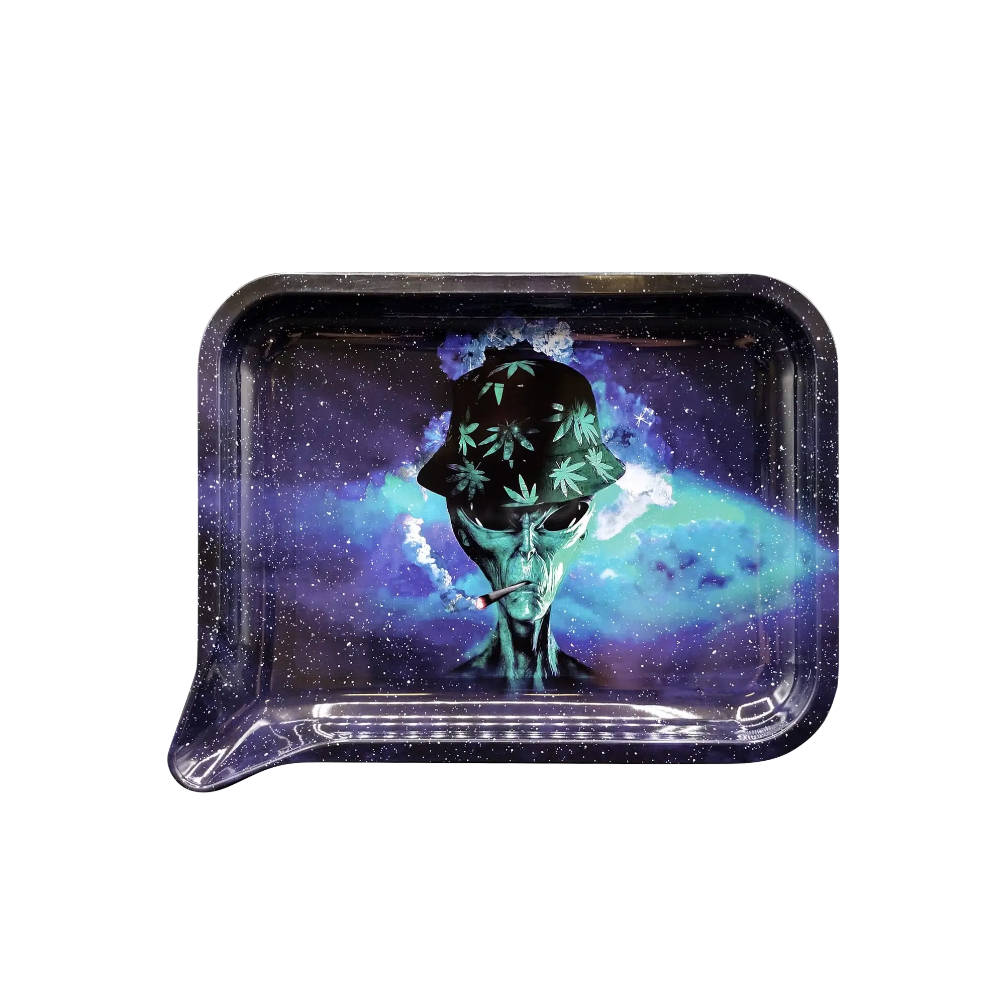 FRT-016 Get Lost Medium Funnel Rolling Tray – No Lid (Green Alien Smoking)