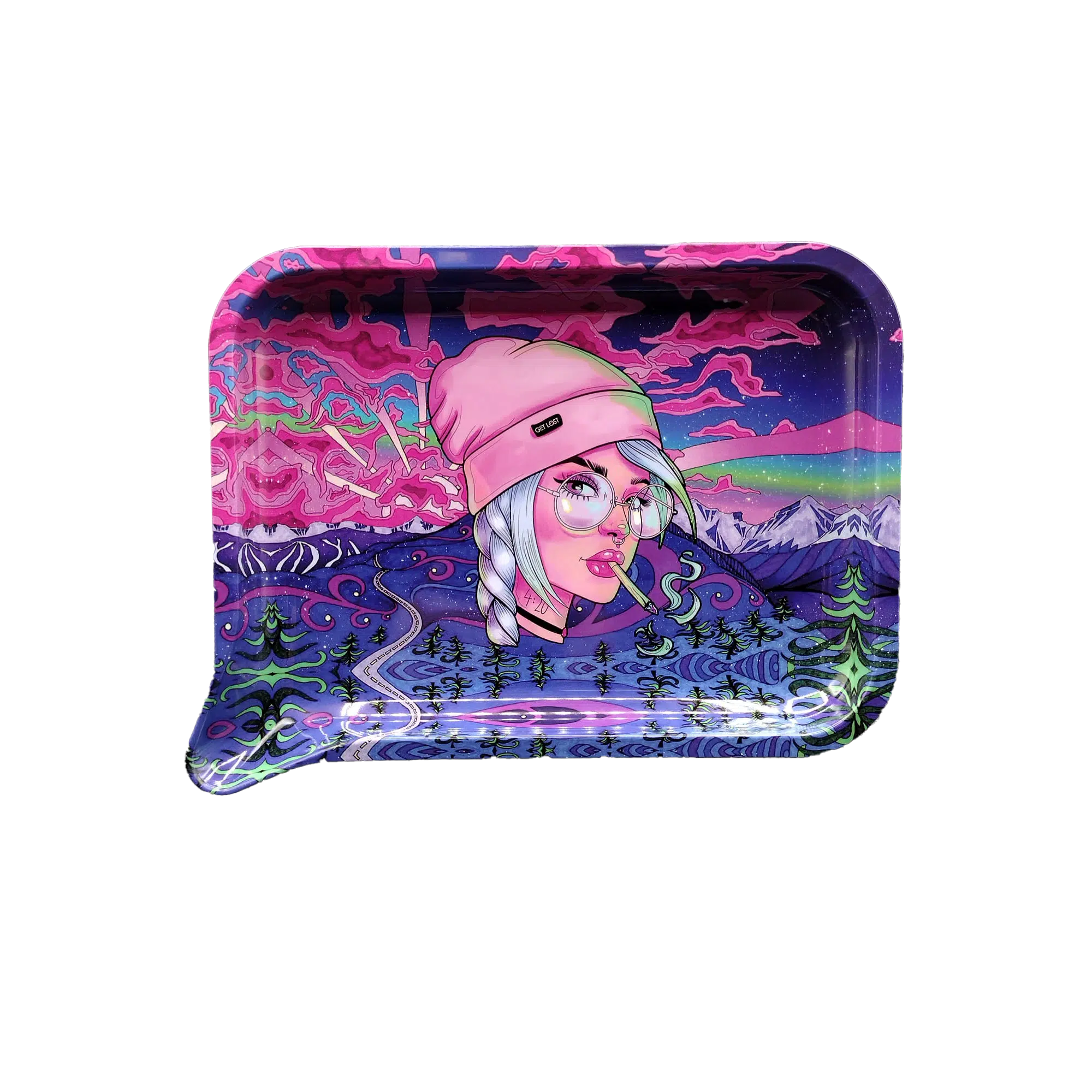 FRT-043 Get Lost Medium Funnel Rolling Tray – No Lid (Pink Hat Girl)